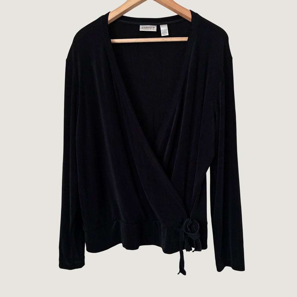 Chicos Travelers Black Wrap Top Long Sleeve Grunge  V-Neck Y2K Size 3 XL